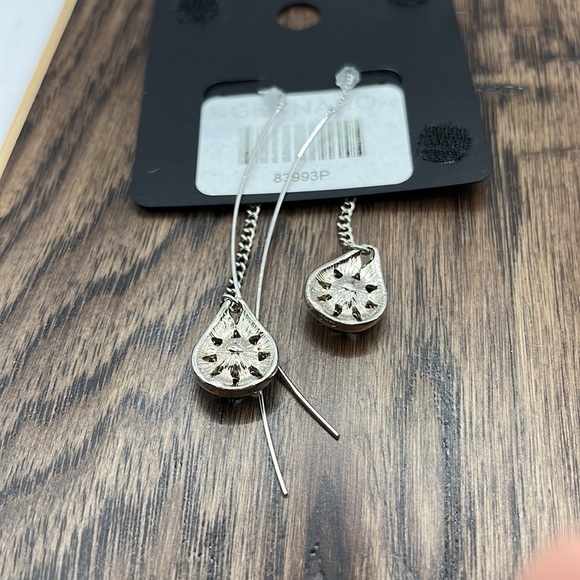 Tread earrings Silver Tone with Rhinestones and Blue Center Long Adjustable - Picture 8 of 8